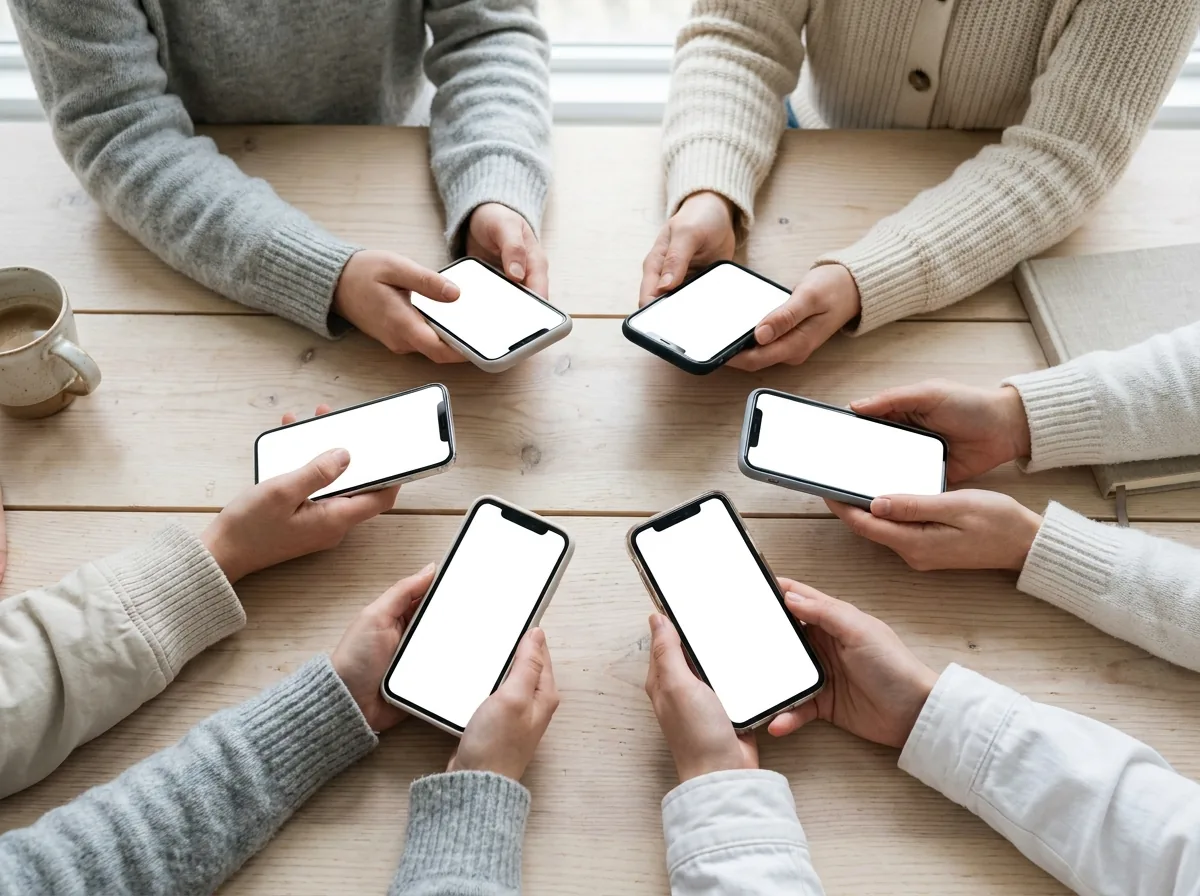 Several phones on a table, each held by a different person