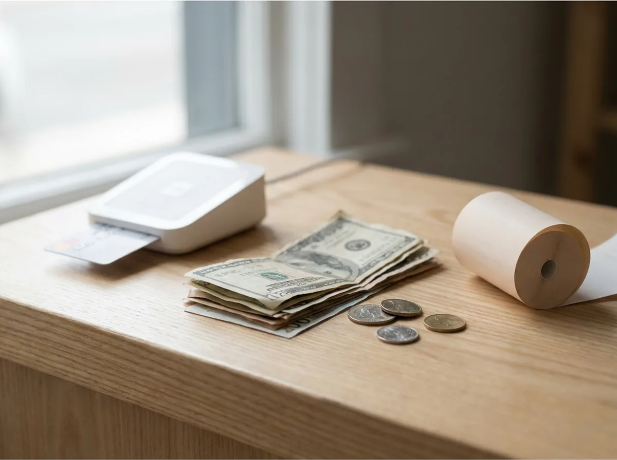 A card reader, banknotes and a receipt roll on a shop counter