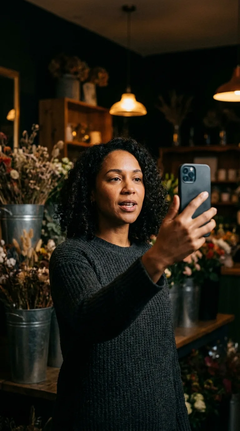A shop owner recording a short video on her phone behind the counter