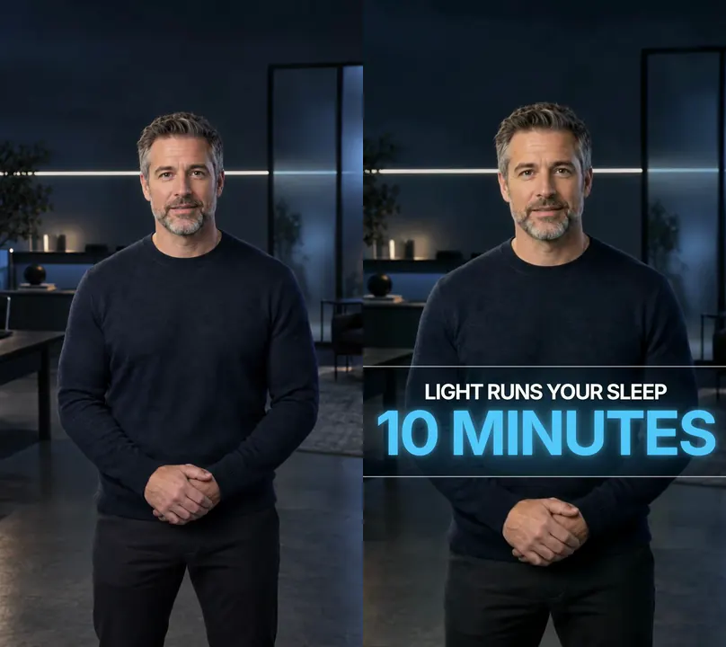 Side by side: a raw talking-head take of a man in a dark studio talking about light and sleep, and the same take edited by Solara in the Halo style.